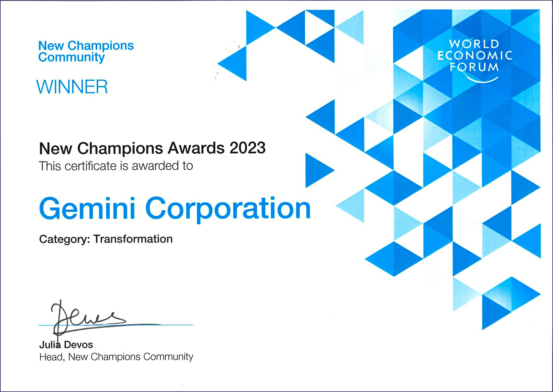 WEF New Champions Award 2023